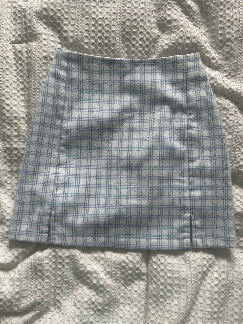 Brandy Melville White and Light Blue Plaid Mini Skirt